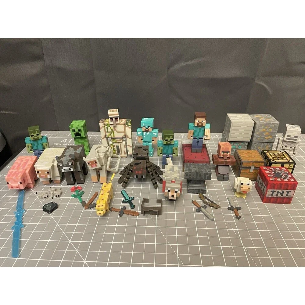 Minecraft Figures Lot Of 38 Animals Blocks Bed Weapons Jazwares Mojang